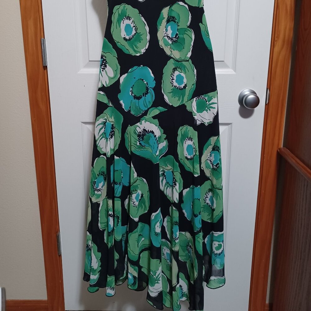 Vintage Rena Rowan Asymmetrical Spaghetti Strap Dress Green Blue Floral Size 12 - Picture 13 of 13